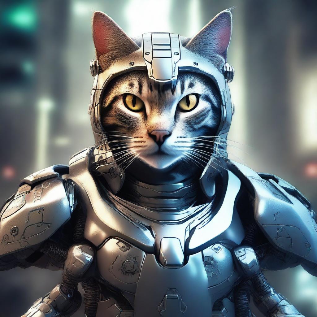 A hyper-realistic digital art image featuring a cat as a courageous cybernetic soldier