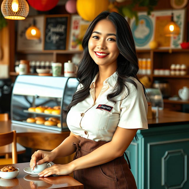 A beautiful Indonesian woman with large breasts working as a cafe employee