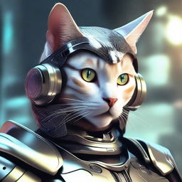 This is a hyper-realistic digital art image portraying a cat as a gallant cybernetic soldier