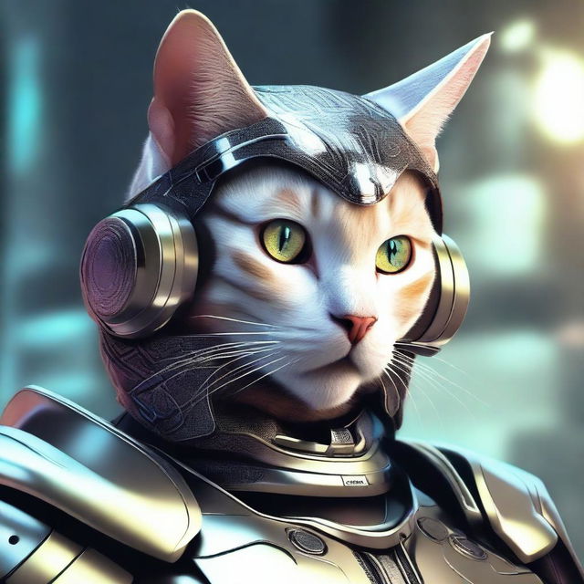 This is a hyper-realistic digital art image portraying a cat as a gallant cybernetic soldier