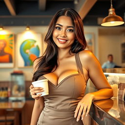 A beautiful Indonesian woman with large breasts working as a cafe employee, exuding a playful and flirtatious charm