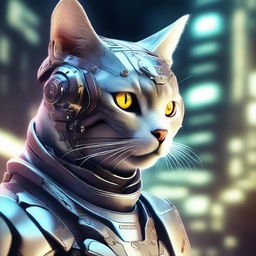 This is a hyper-realistic digital art image portraying a cat as a gallant cybernetic soldier