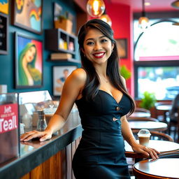 A beautiful Indonesian woman with large breasts working as a cafe employee, exuding a playful and flirtatious charm