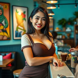 A beautiful Indonesian woman with large breasts working as a cafe employee, exuding a playful and flirtatious charm