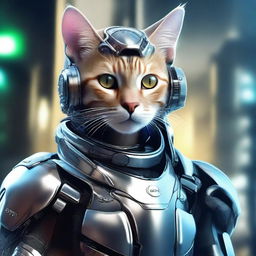 This is a hyper-realistic digital art image portraying a cat as a gallant cybernetic soldier