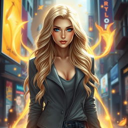 An artistic portrayal of a stunning 30-year-old aasimar character in an urban fantasy setting
