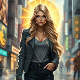An artistic portrayal of a stunning 30-year-old aasimar character in an urban fantasy setting