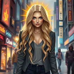 An artistic portrayal of a stunning 30-year-old aasimar character in an urban fantasy setting