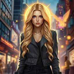 An artistic portrayal of a stunning 30-year-old aasimar character in an urban fantasy setting