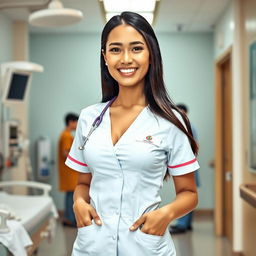 A beautiful Indonesian nurse with large breasts, exuding a playful charm