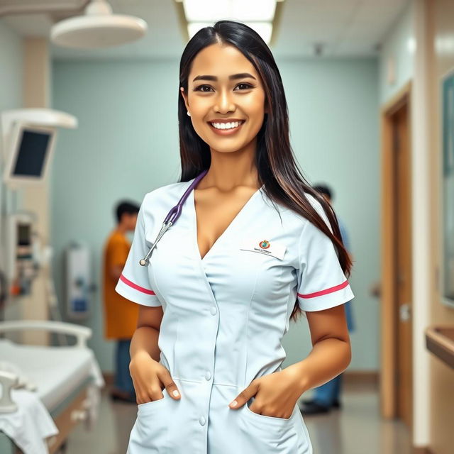 A beautiful Indonesian nurse with large breasts, exuding a playful charm