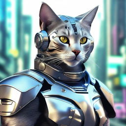 This is a hyper-realistic digital art image portraying a cat as a gallant cybernetic soldier