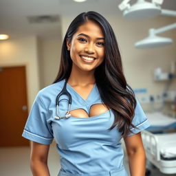 A beautiful Indonesian nurse with large breasts, exuding a playful charm