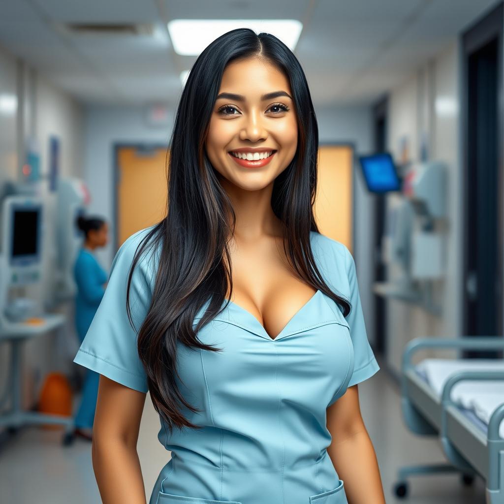 A beautiful Indonesian nurse with large breasts, exuding a playful charm
