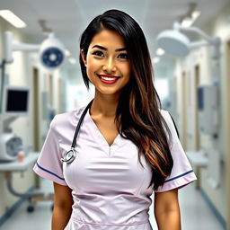 A beautiful Indonesian nurse with large breasts, exuding a playful charm