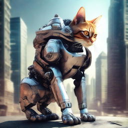 A hyper-realistic digital art image showcasing a brave cat in a mecha suit