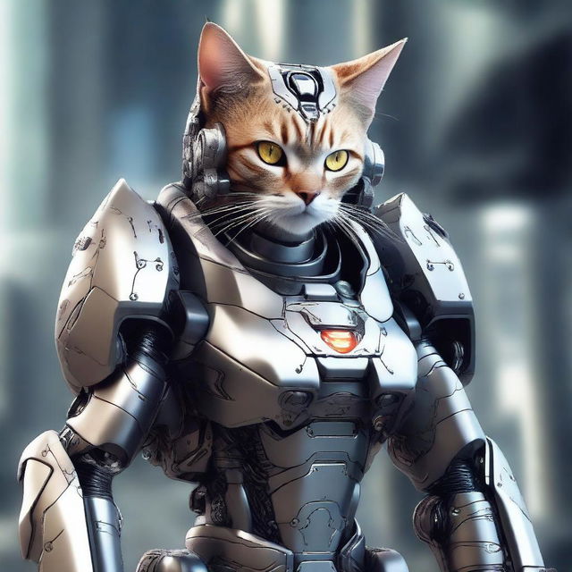 A hyper-realistic digital art image showcasing a brave cat in a mecha suit