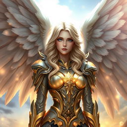 A beautiful 30-year-old aasimar fantasy character with wavy blonde hair and striking dark blue eyes