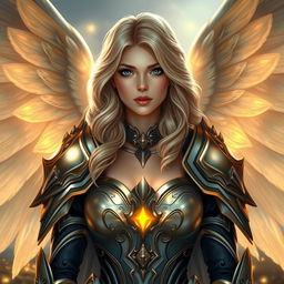 A beautiful 30-year-old aasimar fantasy character with wavy blonde hair and striking dark blue eyes