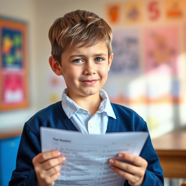 A young boy in a neat school uniform, holding a test paper in his hands with a small, cautious smile on his face