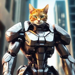 A hyper-realistic digital art image showcasing a brave cat in a mecha suit