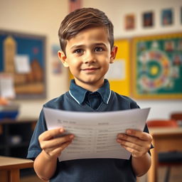 A young boy in a neat school uniform, holding a test paper in his hands with a small, cautious smile on his face