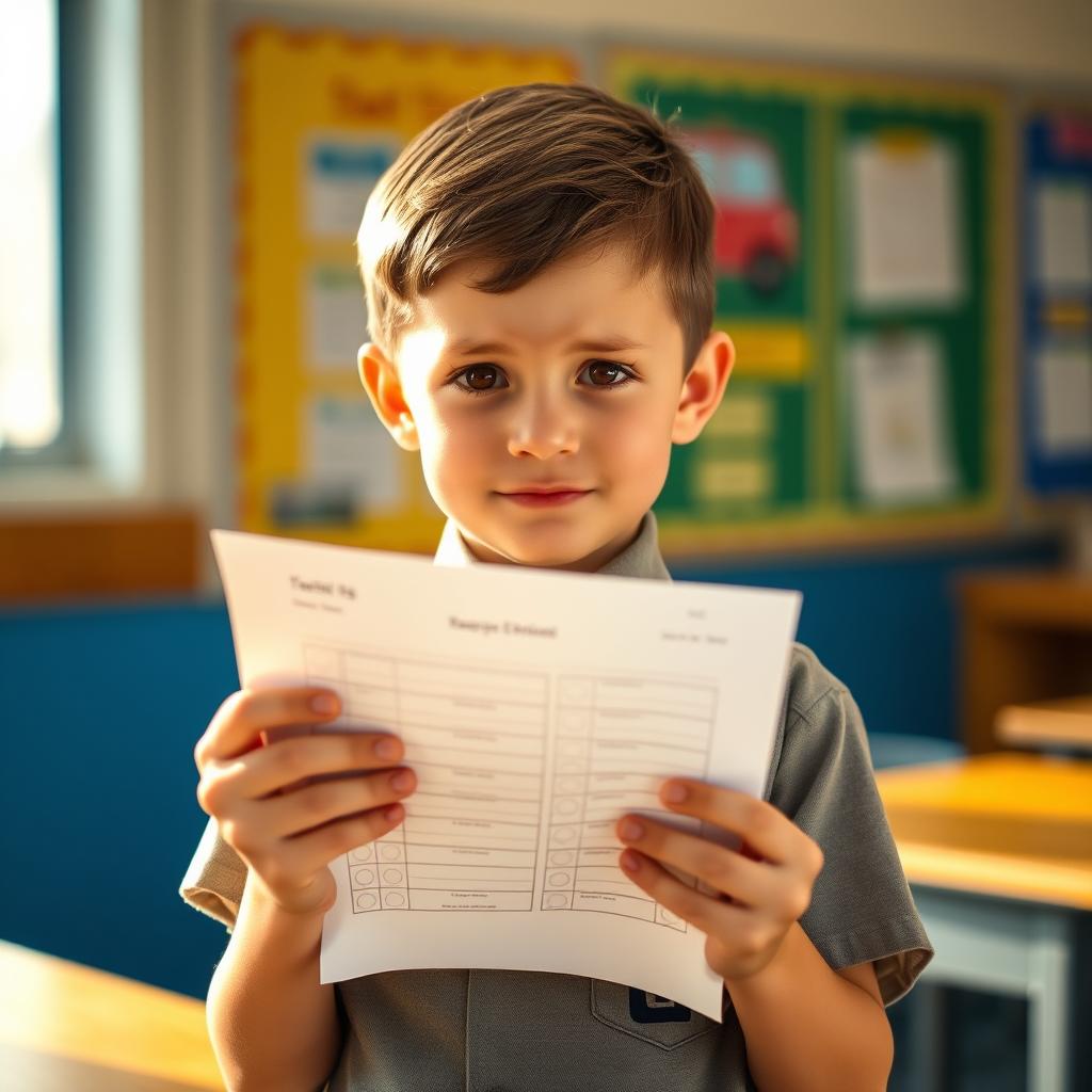 A young boy in a neat school uniform, holding a test paper in his hands with a small, cautious smile on his face