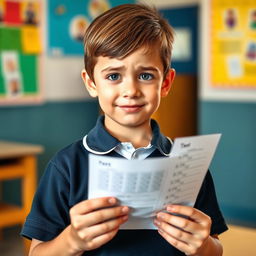 A young boy in a neat school uniform, holding a test paper in his hands with a small, cautious smile on his face