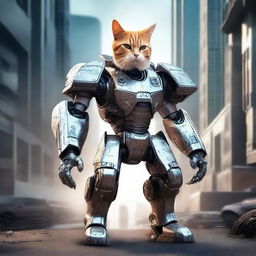 A hyper-realistic digital art image showcasing a brave cat in a mecha suit