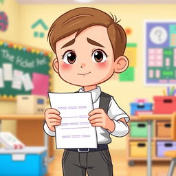 A cartoon of a young boy dressed in a smart school uniform, featuring a crisp white shirt, a tie, and tailored trousers