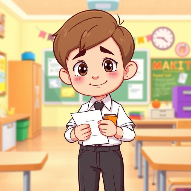 A cartoon of a young boy dressed in a smart school uniform, featuring a crisp white shirt, a tie, and tailored trousers