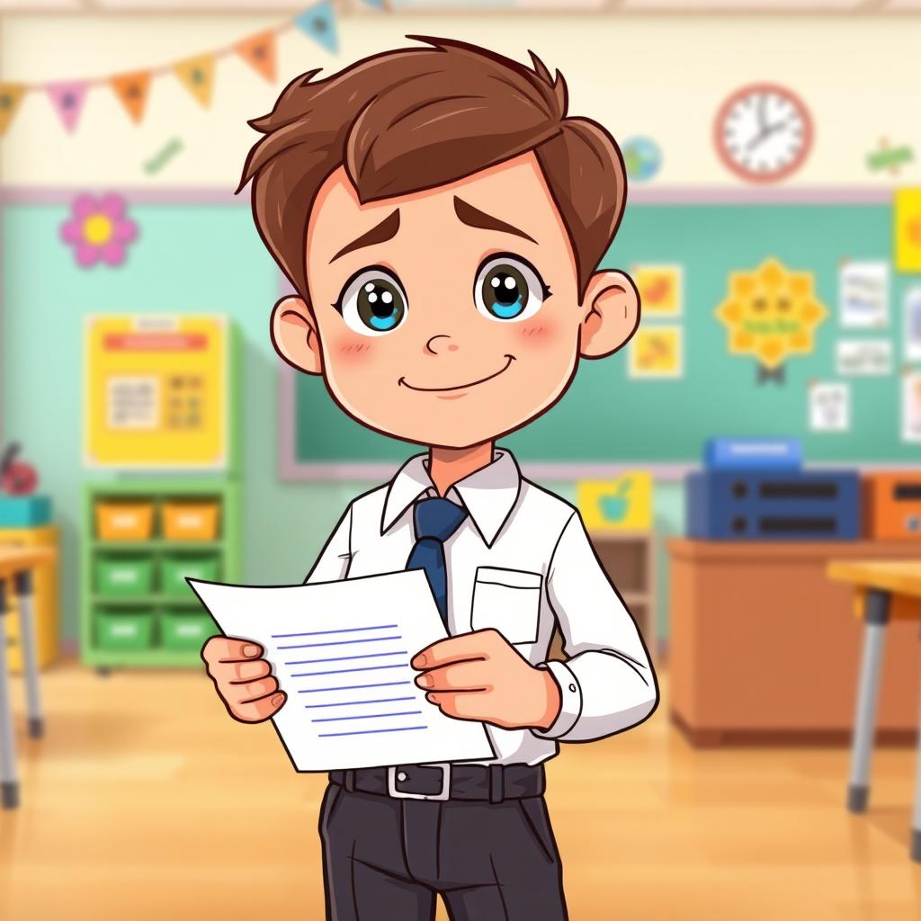 A cartoon of a young boy dressed in a smart school uniform, featuring a crisp white shirt, a tie, and tailored trousers