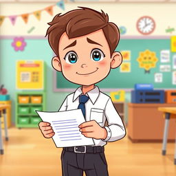 A cartoon of a young boy dressed in a smart school uniform, featuring a crisp white shirt, a tie, and tailored trousers