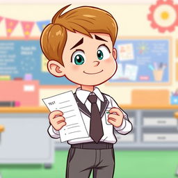 A cartoon of a young boy dressed in a smart school uniform, featuring a crisp white shirt, a tie, and tailored trousers