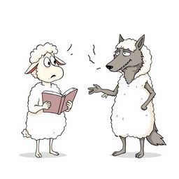 A single-panel cartoon features three anthropomorphic characters: two sheep and a wolf in a poorly disguised sheepskin