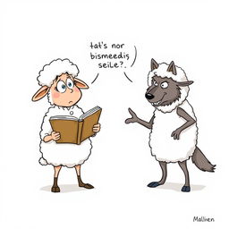 A single-panel cartoon features three anthropomorphic characters: two sheep and a wolf in a poorly disguised sheepskin