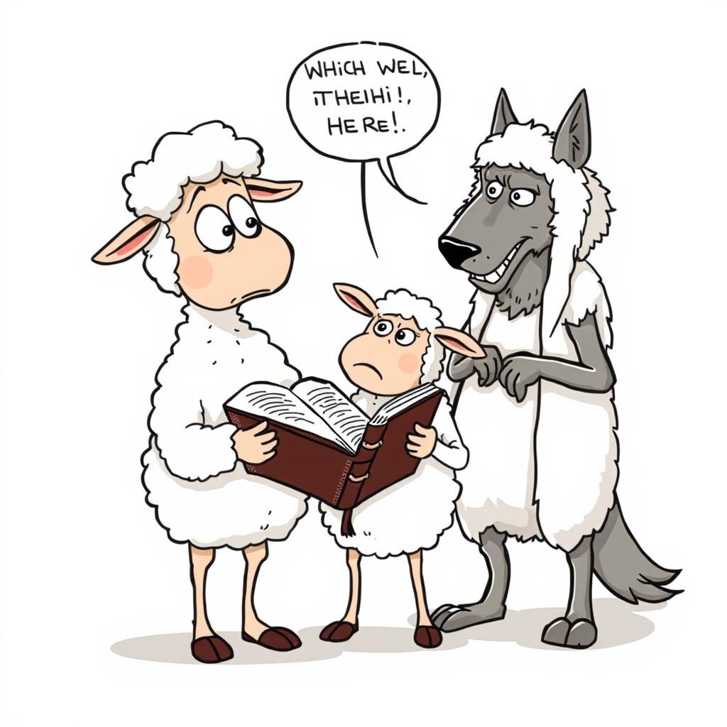 A single-panel cartoon features three anthropomorphic characters: two sheep and a wolf in a poorly disguised sheepskin