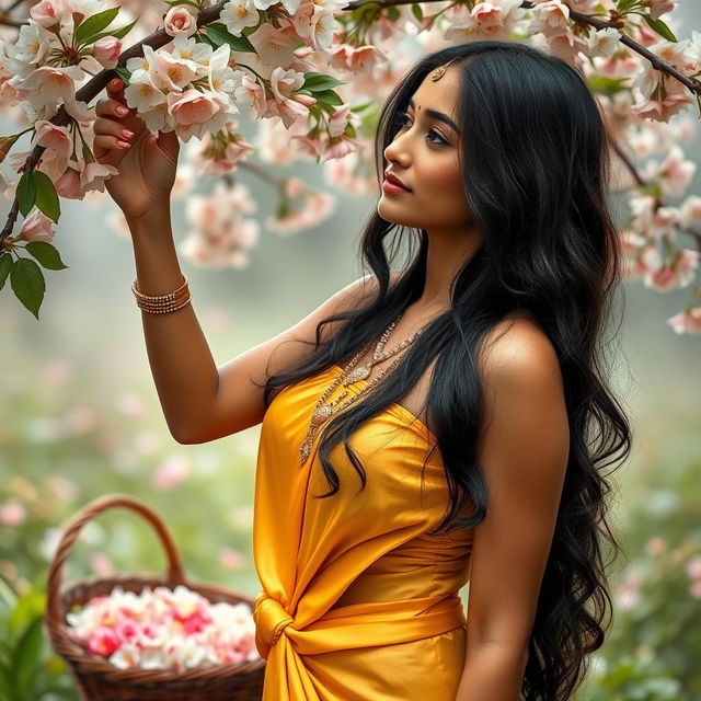 An Indian woman in a serene natural setting, wearing a yellow silk bikini that gracefully clings to her figure, exuding elegance and modesty