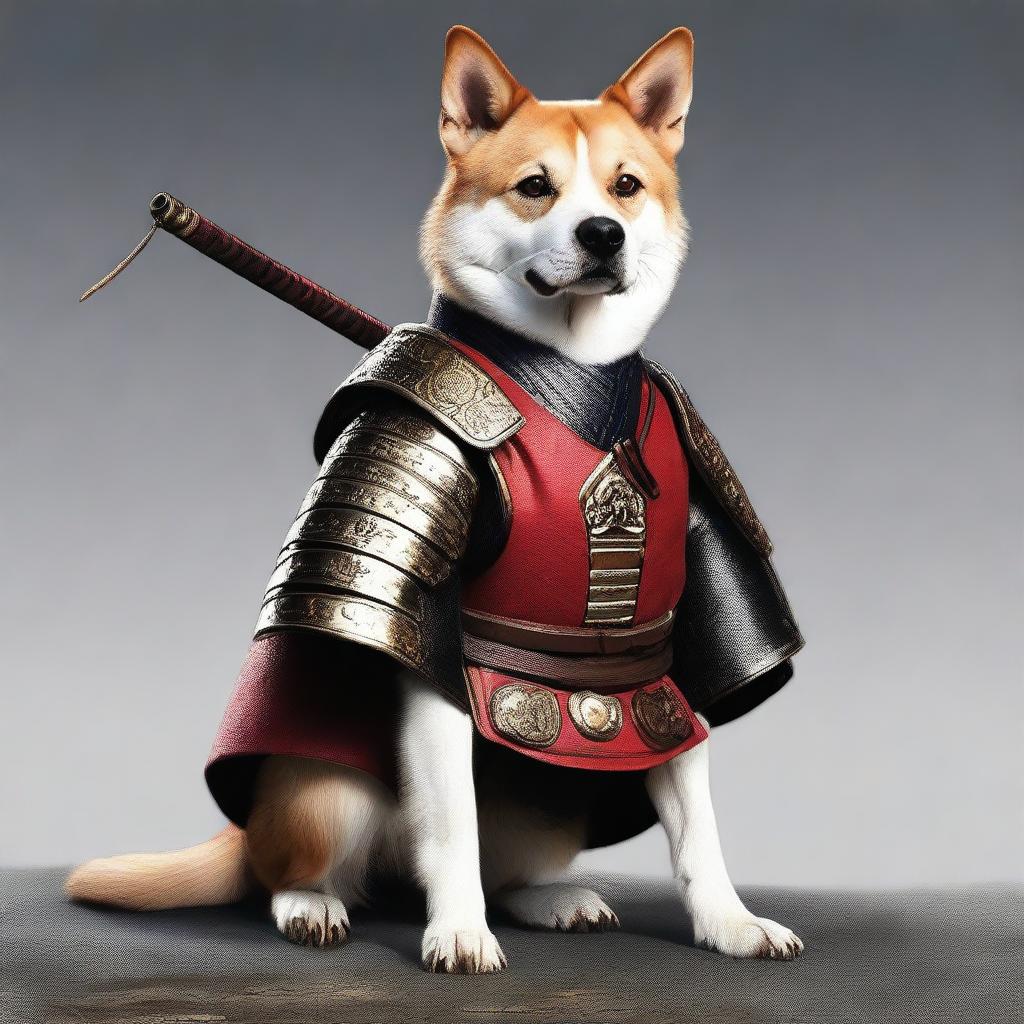 A hyper-realistic digital art image featuring a brave dog in a samurai costume