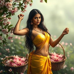 An Indian woman in a serene natural setting, wearing a yellow silk bikini that gracefully clings to her figure, exuding elegance and modesty