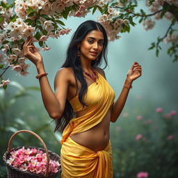 An Indian woman in a serene natural setting, wearing a yellow silk bikini that gracefully clings to her figure, exuding elegance and modesty