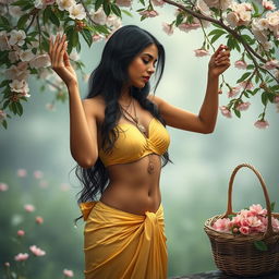 An Indian woman in a serene natural setting, wearing a yellow silk bikini that gracefully clings to her figure, exuding elegance and modesty