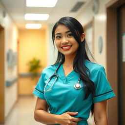 A stunningly beautiful Indonesian nurse with large breasts, playfully teasing while wearing her professional uniform