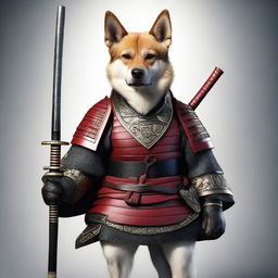 A hyper-realistic digital art image featuring a brave dog in a samurai costume