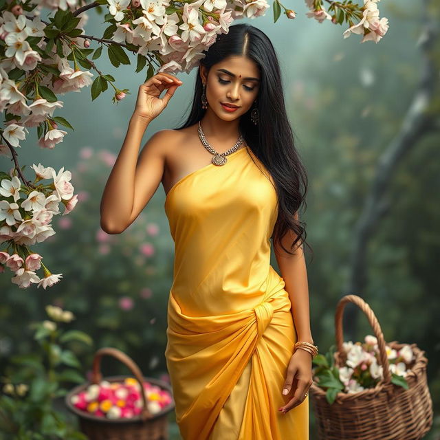 An Indian woman in a serene natural setting, wearing a yellow silk bikini that gracefully clings to her figure, exuding elegance and modesty