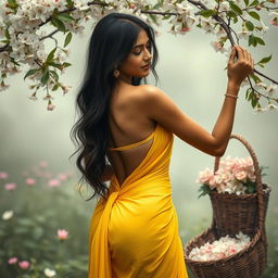 An Indian woman in a serene natural setting, wearing a yellow silk bikini that gracefully clings to her figure, exuding elegance and modesty