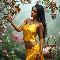 An Indian woman in a serene natural setting, wearing a yellow silk bikini that gracefully clings to her figure, exuding elegance and modesty