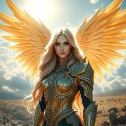 A stunning fantasy character, a 30-year-old aasimar woman with flowing, wavy blonde hair that cascades down her shoulders
