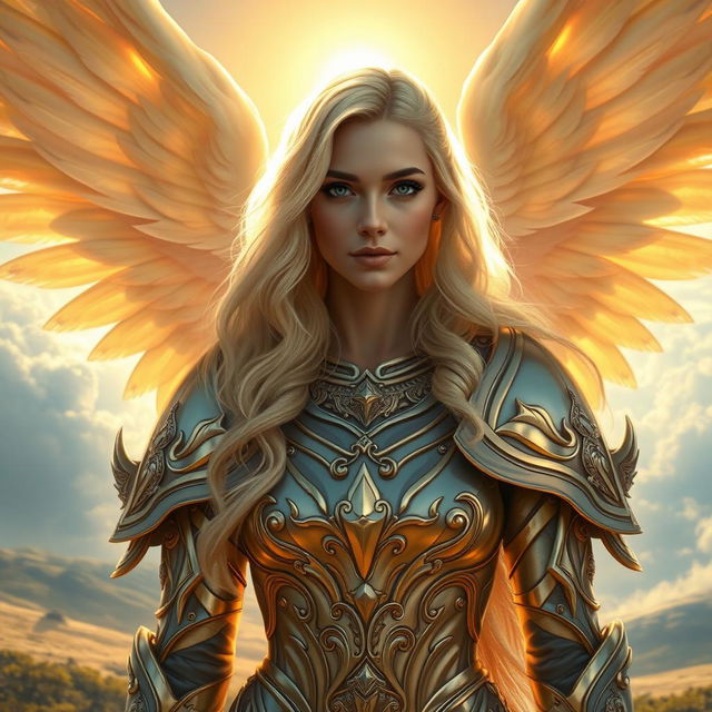 A stunning fantasy character, a 30-year-old aasimar woman with flowing, wavy blonde hair that cascades down her shoulders