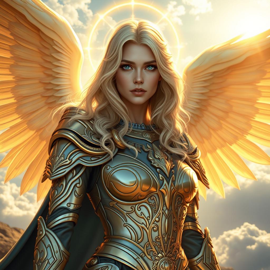 A stunning fantasy character, a 30-year-old aasimar woman with flowing, wavy blonde hair that cascades down her shoulders